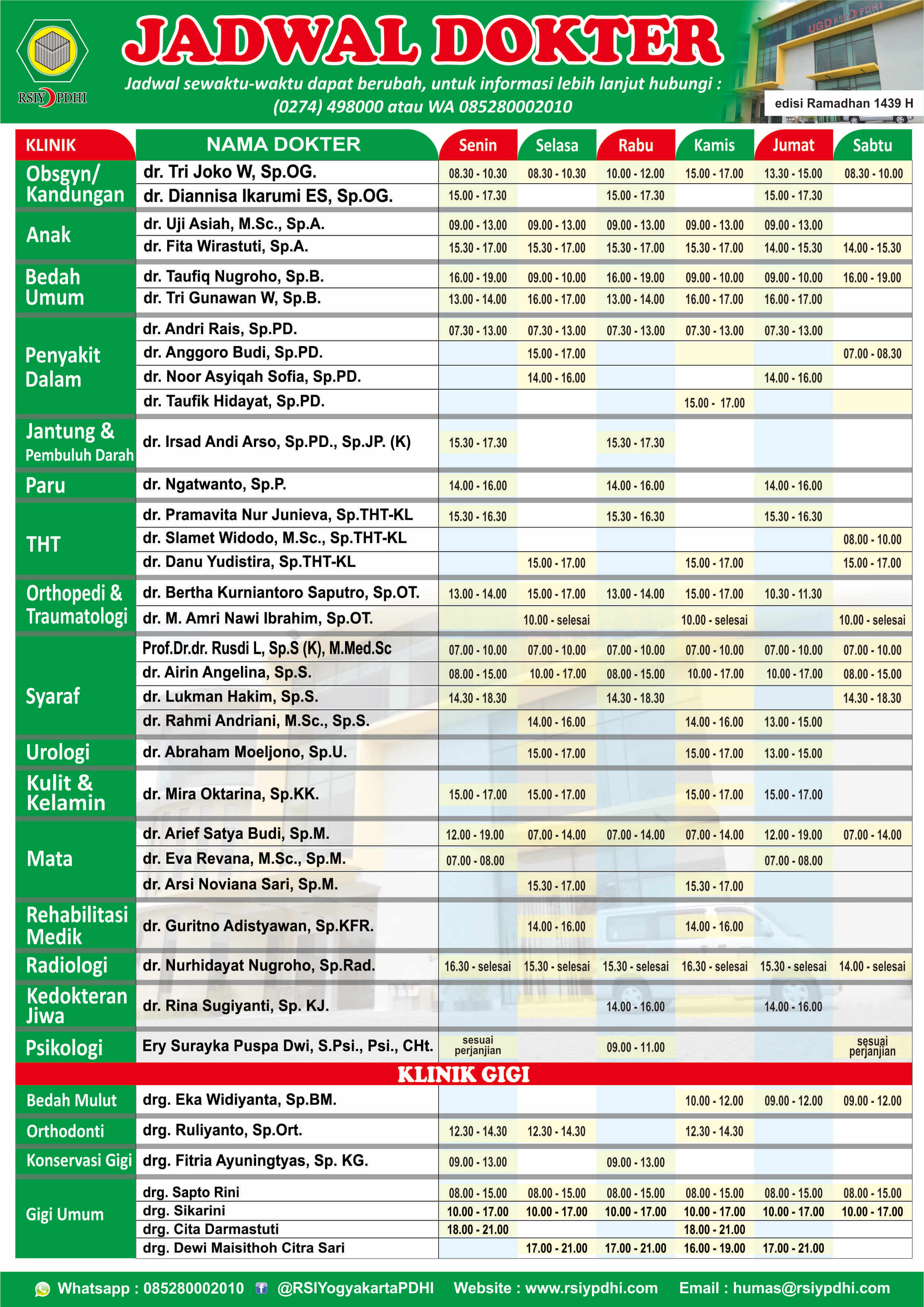 Jadwal Dokter RSIY PDHI Selama Ramadhan 1439 H